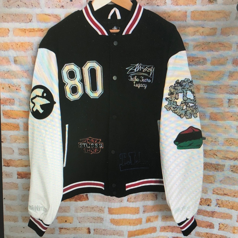 Stussy Black and White Varsity Jacket with Patches